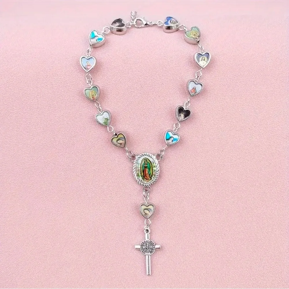 Lovely Heart Shaped Cross Pendant Rosary Bracelet, Virgin Charm Silver Plated‎